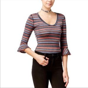 Free People Womens Metallic Bell Sleeve Casual Top